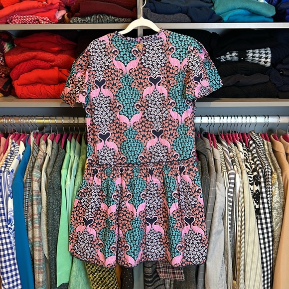 Simply Southern pink/teal flamingo print short sleeve drop waist dress size S - Picture 3 of 3
